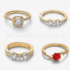 潘家新款镀金色蝴蝶结戒指 烈焰玫瑰方糖镶钻指环跨境外贸货源