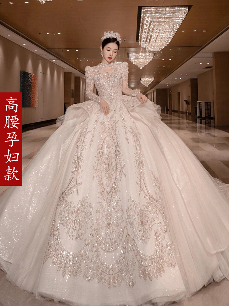 Vestido de novia 2025, nuevo estilo, vestido principal de novia con cola larga, artesanía elaborada, estilo palacio, mangas largas vintage de alta gama, talla grande para mujeres embarazadas D88.