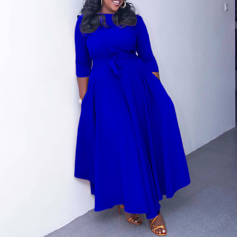 Q099 cross-border women's clothing 2023 autumn and winter New Fashion temperament lace-up African plus size midi dress foreign trade dress