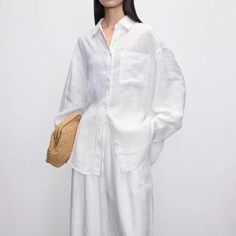 100 Imported Linen White Women's Shirt Women's Relaxed High-grade Loose Long-sleeved Shirt New Style Top