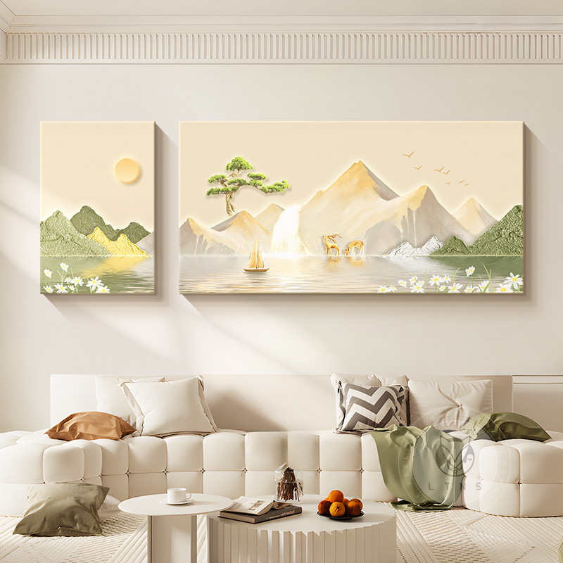 Pintura decorativa de la sala de estar de viento crema Sunshine Jinshan sofá fondo pintura de pared colgante paisaje tridimensional de alto nivel dos murales