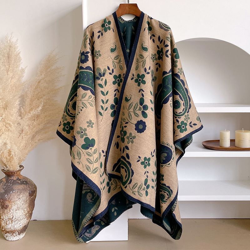 秋冬季围巾女外搭加厚长款提花仿羊绒披肩民族风时尚流苏保暖斗篷