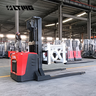 2-Ton Electric Stacker Forklift with Fixed Wide Legs, Double-Cut Three-Section Mast, and Standing Operator Platform