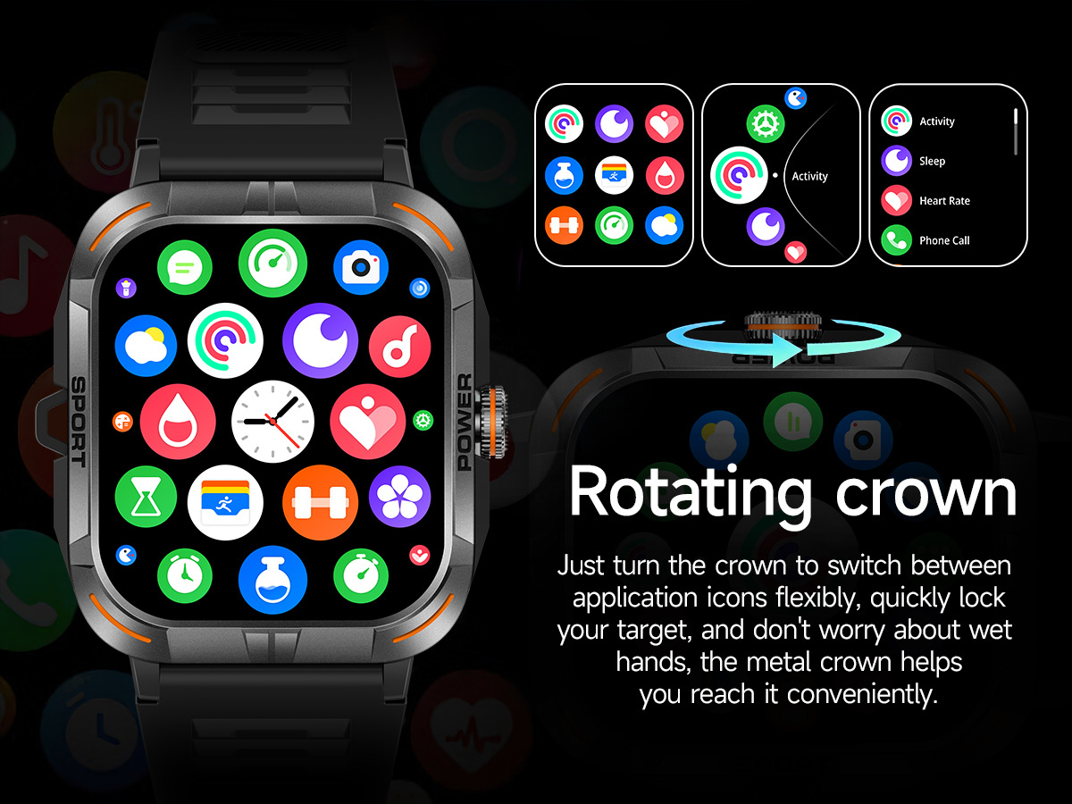 Montre connectée outdoor avec écran tactile AMOLED 1,97 pouce, Bluetooth, appels et lampe torche._voghion.com