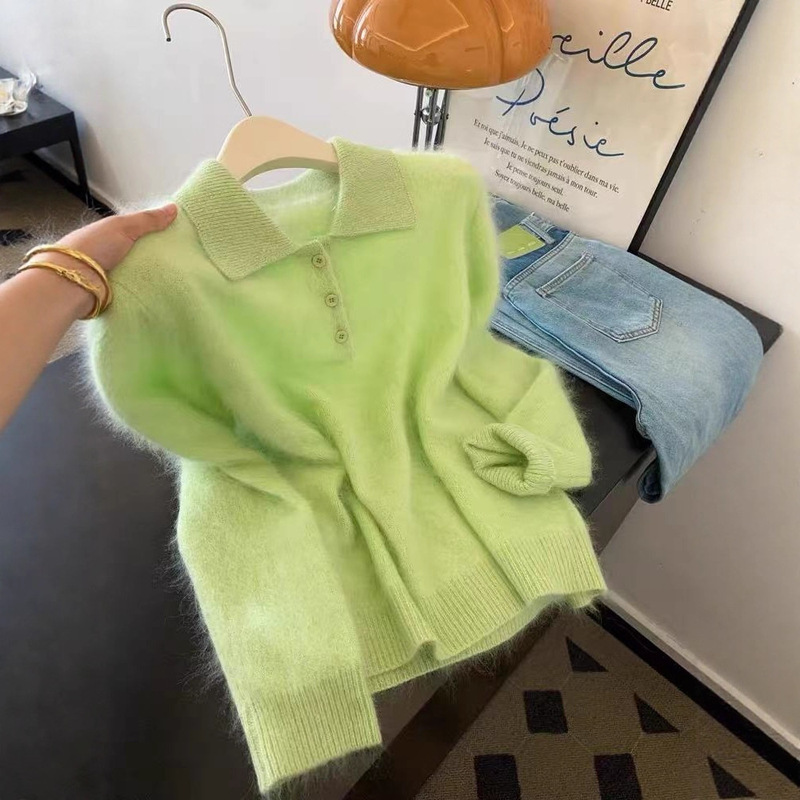 Sheep Wool Polo Collar Green Loose Pullover Outer Knitwear Lazy High-End Women's Knitwear Top Autumn Wear
