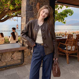 设计质感蝴蝶结PU皮衣女外套2026春秋收腰圆领上衣机车服皮夹克