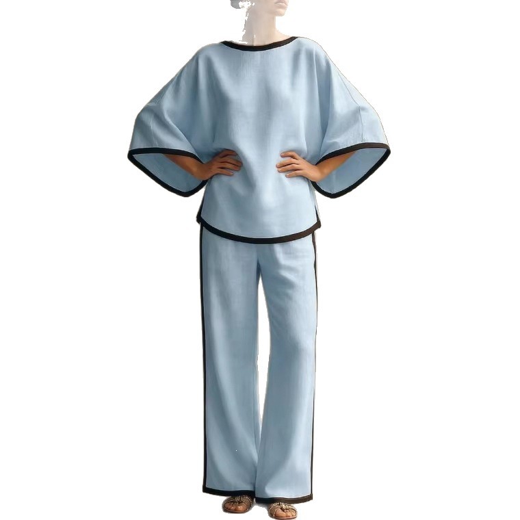 Women's Elegant Two Piece Set round Neck Batwing Sleeve Loose Fit Cotton Linen Top And Pants Outfit_ecoleips.com