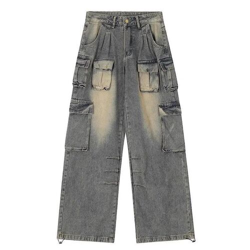 American large-size pocket design work jeans, women's high street straight loose wide-leg drag-down pants