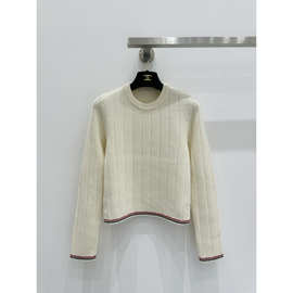 TB镂空彩条撞色超薄V领条纹波浪边空调衫防晒针织长袖