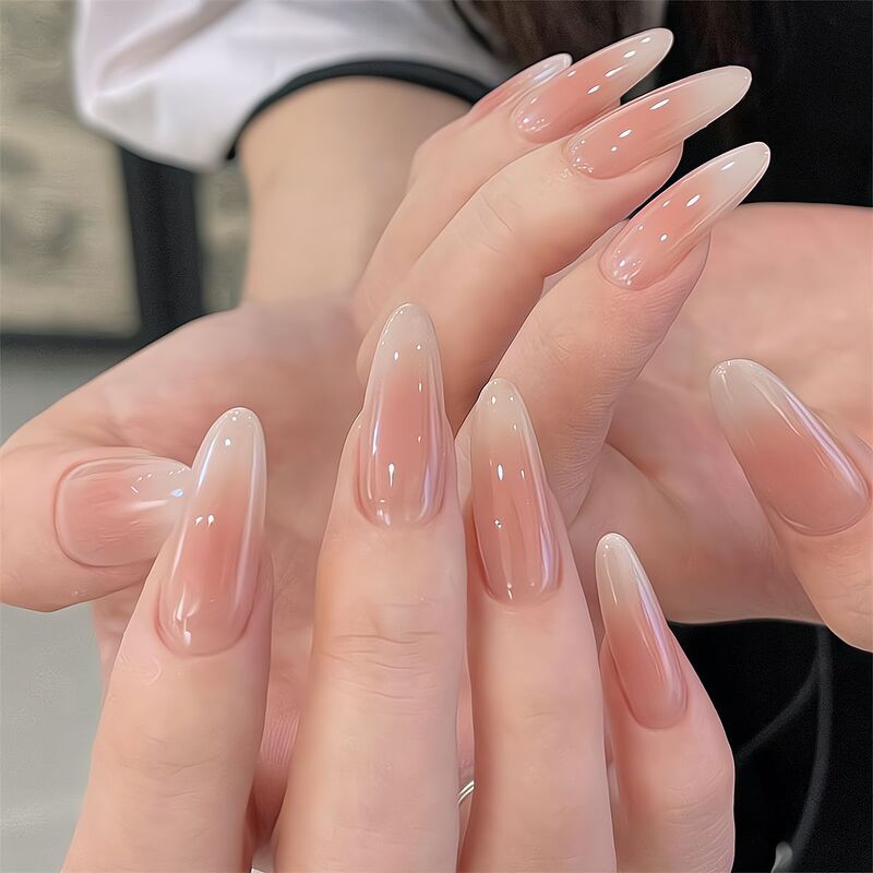 [Lingluo Original] Huan Huan Gradient Hand Blush Nude Almond Nail Art Finished Fake Nail Patch