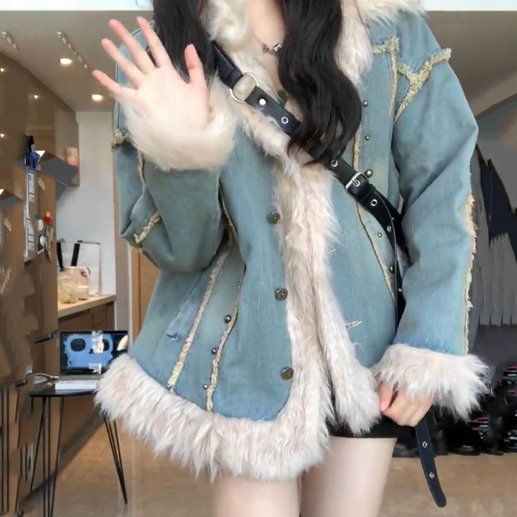 毛领复古羊羔港风牛仔外套女冬新款夹棉百搭加厚棉服宽松上衣