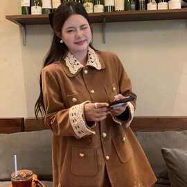 复古小香风翻领中长款麂皮丝绒绒棕色假两件外套女美拉德穿搭风衣