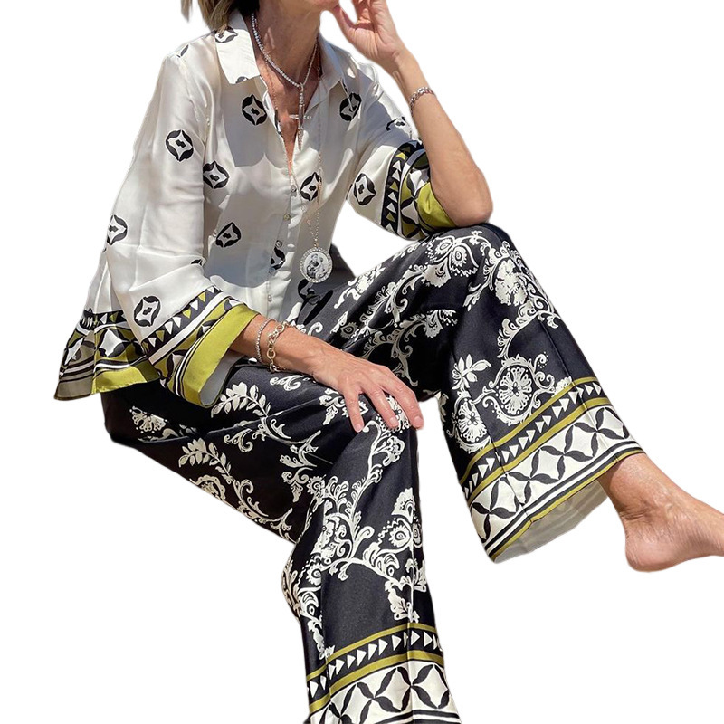 Conjunto casual de camisa y pantalón para mujer, estampado moderno