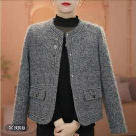 小个子妈妈装时尚秋冬新款外套女士显瘦开衫气质毛呢上衣服开衫