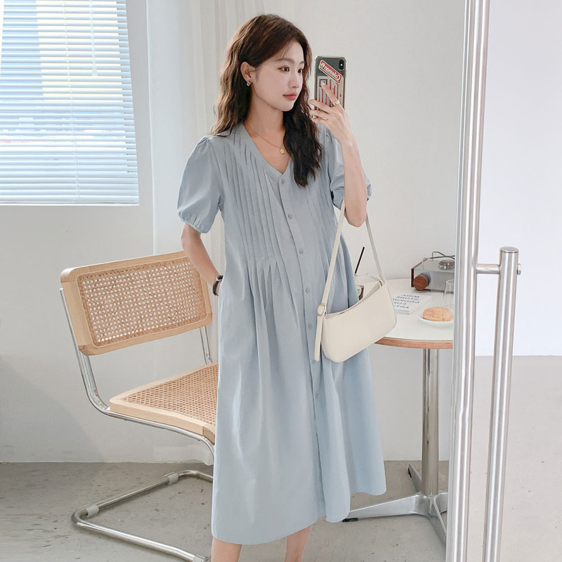 Summer New Maternity Dress Internet Celebrity Fashionable V Neck Shirt Dress Mid-Length Slimming Look Dress That Covers the Flesh