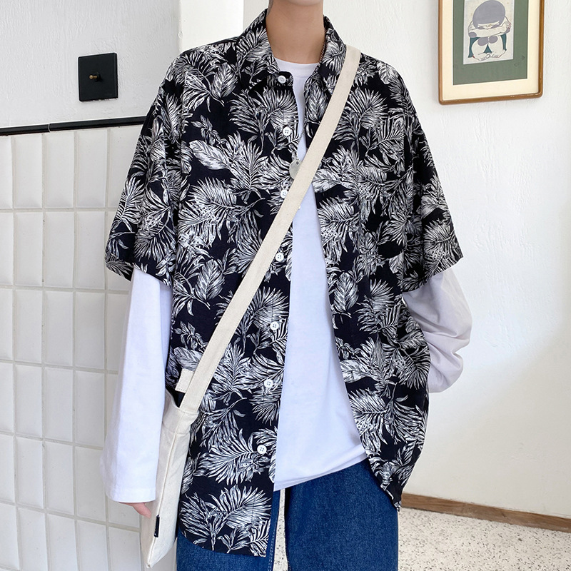 港风2025夏季新款男士日系宽松短袖花衬衫夏威夷沙滩花衬衣男潮