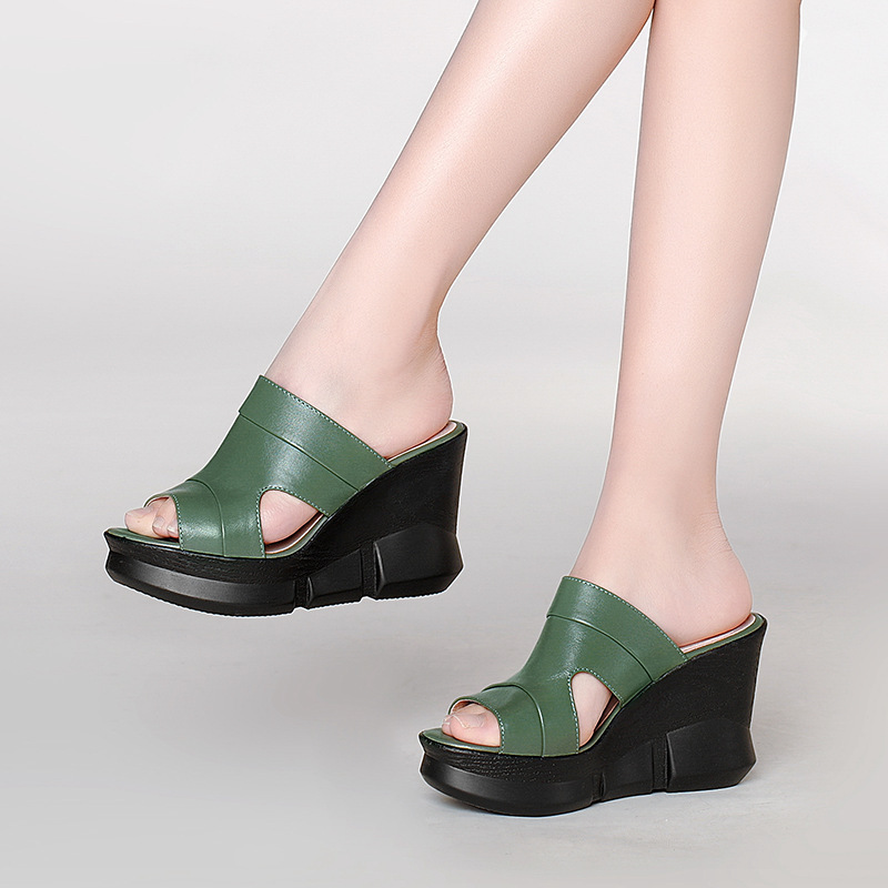 Sandal nữ da bò mũi cá gót xuồng cao đế dày phong cách mới xuân hè — Màu đen