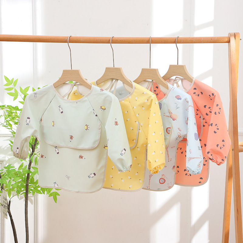 Casual Pure Color Kidsren's Eating Anti-Dirty Apron, Cartoon Long-Sleeved Baby Eating Clothes, Waterproof Food Supplement Reverse Dressing Cover