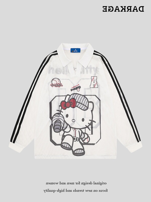 American Hello Kitty Lapel Sun Protection Blouse Long-Sleeved T-Shirt Women's Autum New Loose Mesh Sports Jersey Top