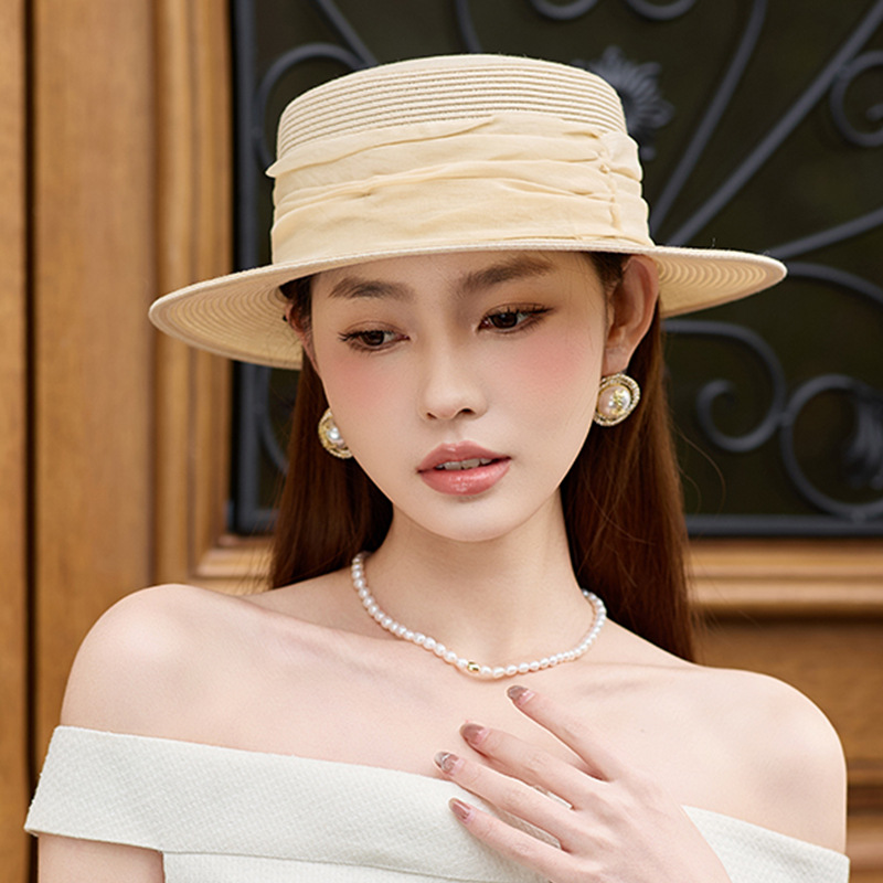 Mũ rơm nữ vành rộng chống nắng UV, phối mùa xuân hè, đi biển du lịch — Màu be