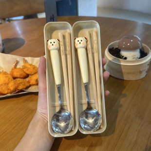 Chopsticks Spoon Fork Three-piece Cute Adult Student Office worker Stainless Steel Outdoor Convenient Tableware suit