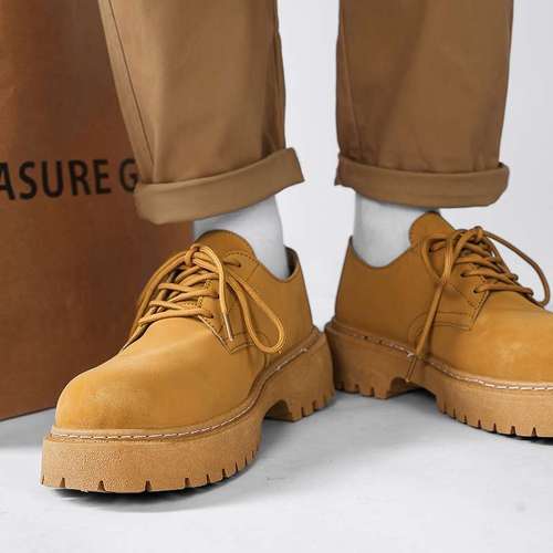 Black Large Head Derby Shoes for Men, Round Toe, 2025 Spring, Thick Sole, Height Increasing, Martin Style Men's Versatile Casual Leather Shoes