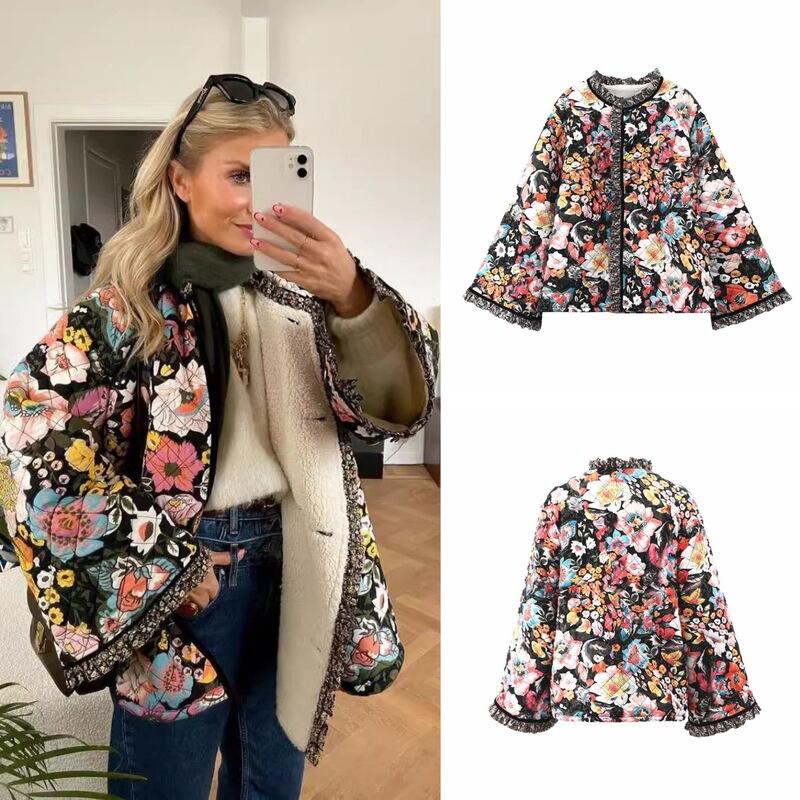 European and American Cross-border 2024 New Autumn and Winter Printed Cashmere Cotton Coat Comfortable Casual Trumpet Sleeve Loose Women's Cotton Coat