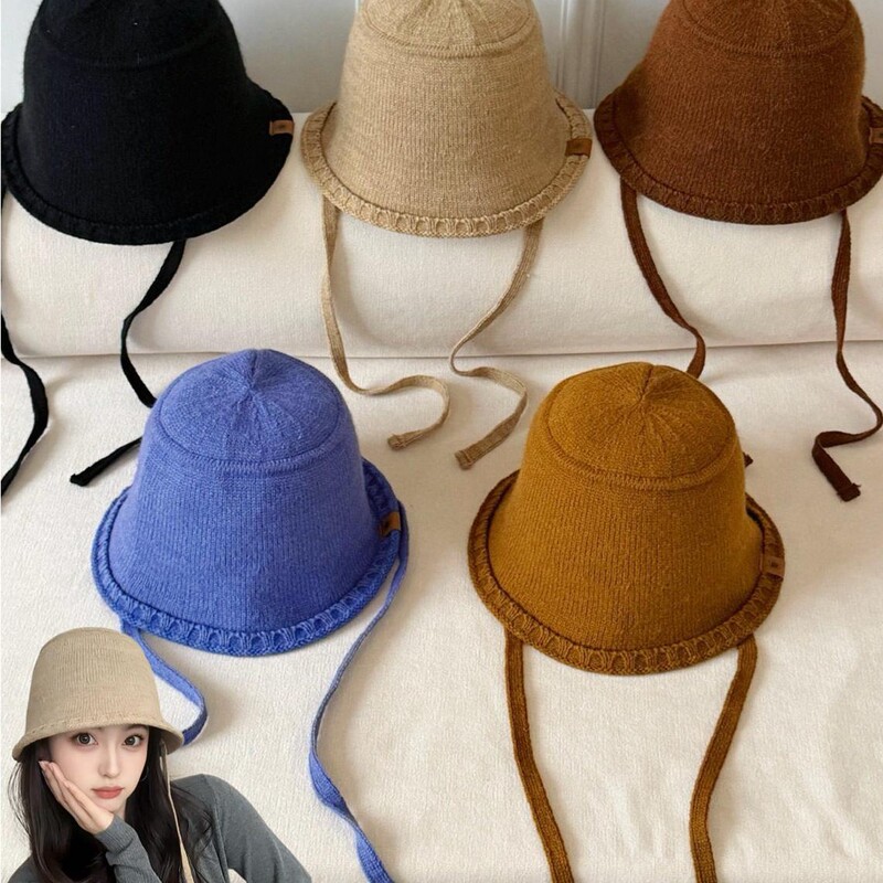 Retro knitted fisherman hat for women, versatile for autumn and winter, face-slimming, with a tie, Korean-style bucket hat, Japanese-style simple knitted hat