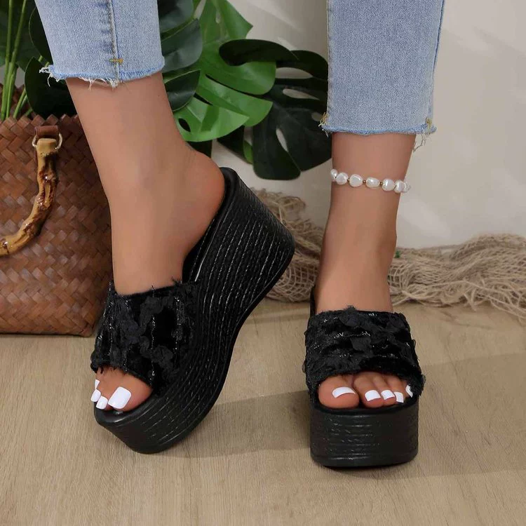 Внешняя торговля Большой размер наклон на каблуке женские Wedge Slippers джинсовая ткань с толстым дном наклон на слово трансграничные тапочки