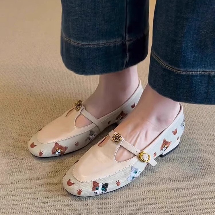 シープスキンバージョン~小香風中空椿Tバックルレディース刺繍ラウンドトゥローヒール浅口靴|undefined
