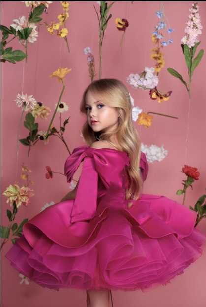 Pre-sale Girls Bow Sleeve Dress Puffy Mesh Princess Birthday Party Puff Sleeve Dress - 2