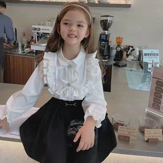 白衬衫校服荷叶边新款娃娃领女双层甜美花边百搭长袖儿童女境外