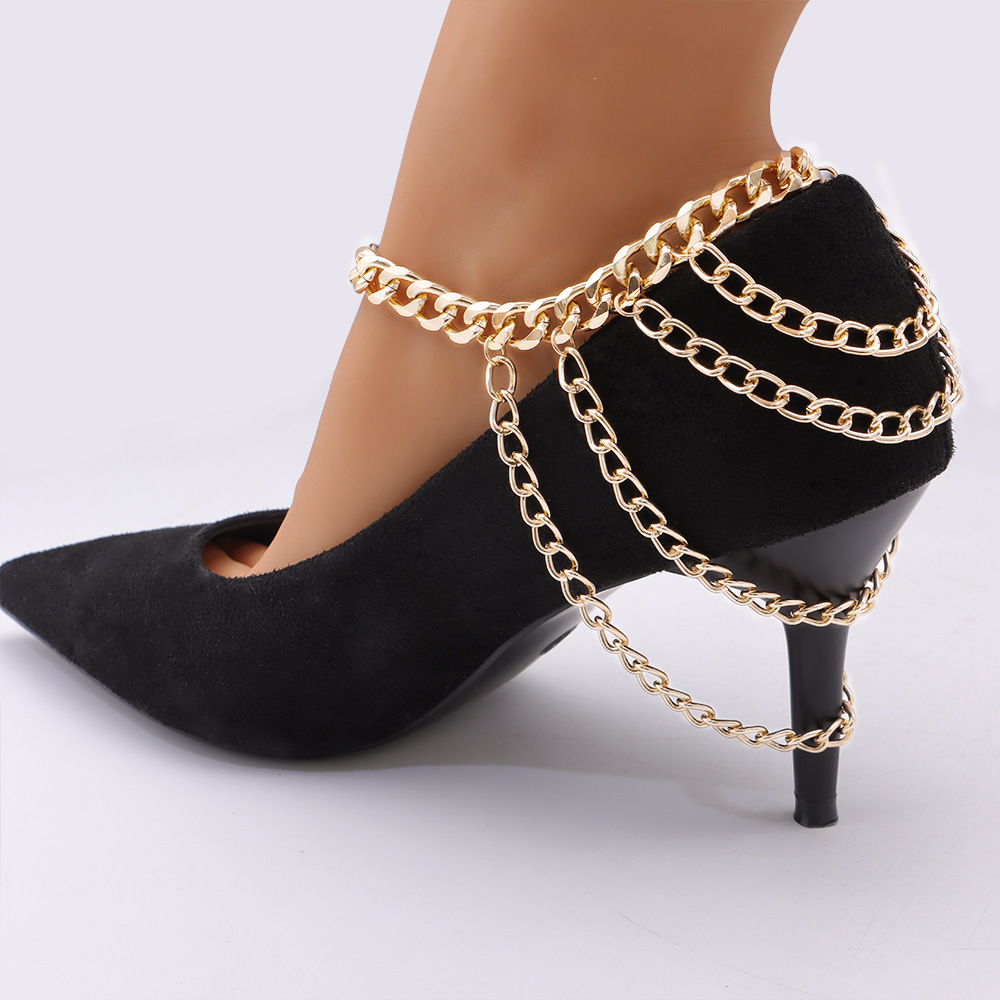欧美跨境时尚钛钢高跟鞋脚链 前后实用性感粗链多层脚饰女anklet