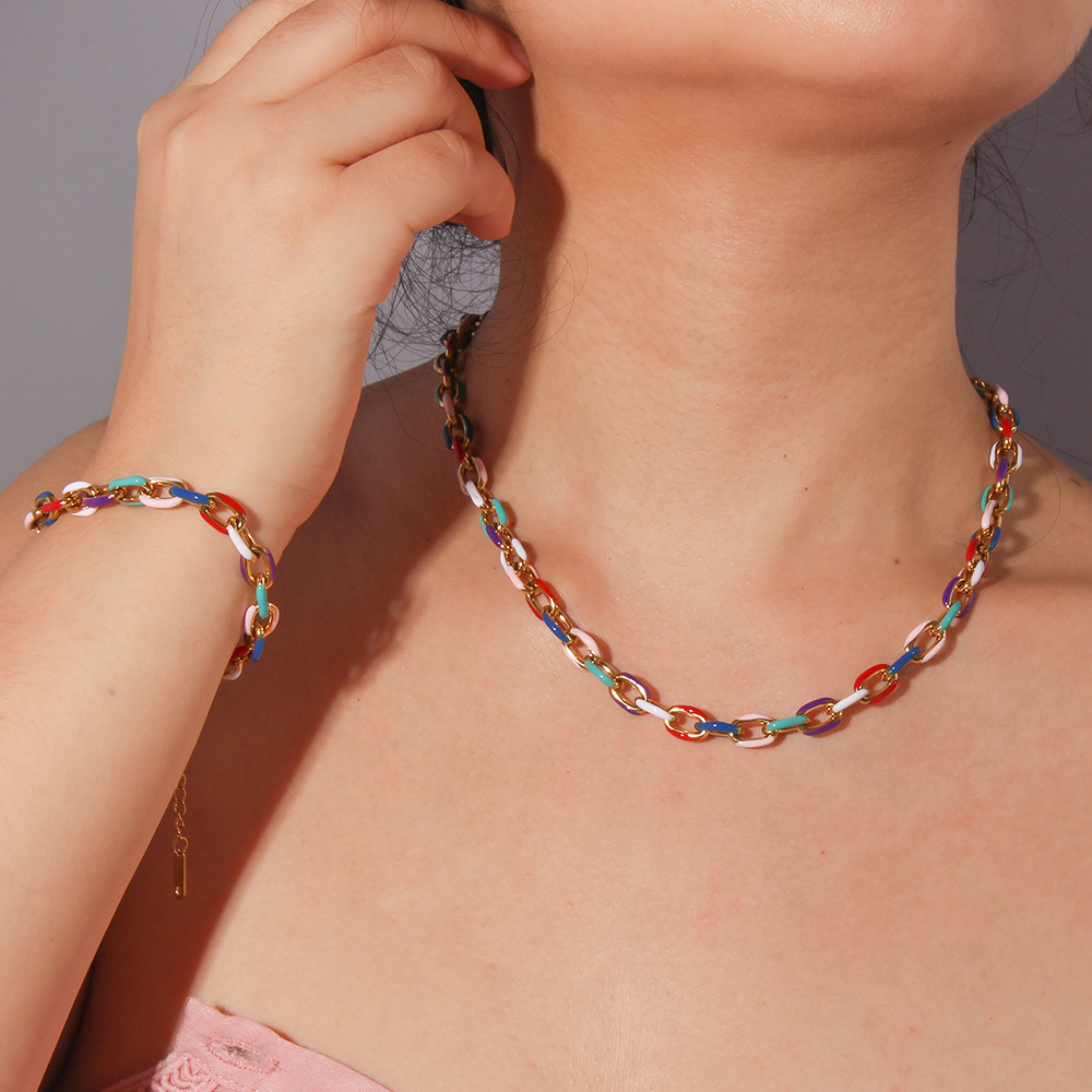 Collar de aceite de goteo de acero inoxidable transfronterizo europeo y americano, esmalte de dopamina, colorido, cadena cubana, collar, pulsera