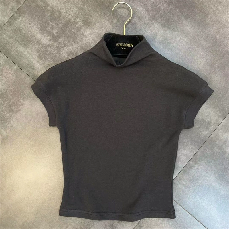 Детская эластичная футболка, высокий воротник, короткий рукав, slim Korean style, лето (размеры 2–17)