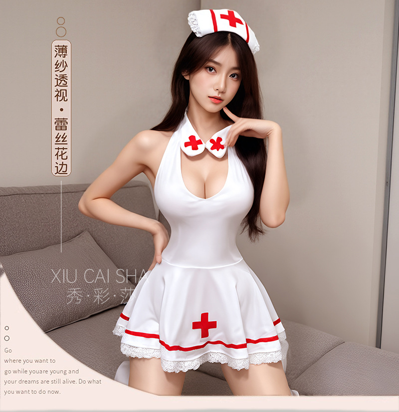 Nurse Role-Play Lingerie Set, Backless Uniform Costume, White One Size — detail image 13
