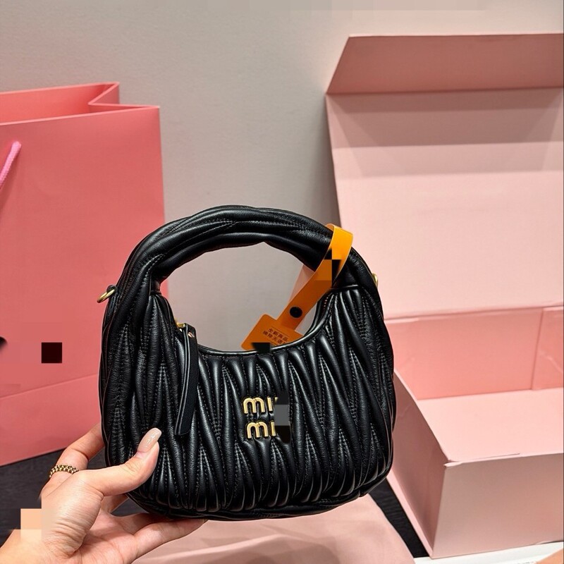 Miu Foreign Trade Handbag for Women, Miu Brand 2026 New Model, Pleated Soft Shoulder Bag, High-End Fashion Trendy Crescent Shape