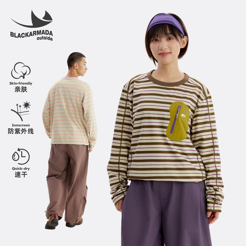 Black Fleet Spring and Autumn Striped Outdoor Long-Sleeve T-Shirt, Quick-Dry, Sun-Protective, with Unique Color-Contrast Pockets, Suitable for Commuting and Casual Wear Black Fleet Spring and Autumn Striped Outdoor Long-Sleeve T-Shirt, Quick-Dry, Sun-Protective, with Unique Color-Contrast Pockets, Suitable for Commuting and Casual Wear