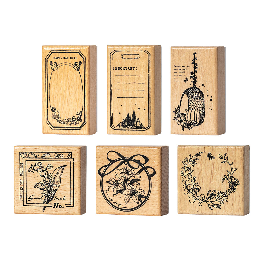 Flower Wild Time Series Mano de madera retro Sello de libro de mano literario fresco Material de decoración de bricolaje Sello 6 estilos