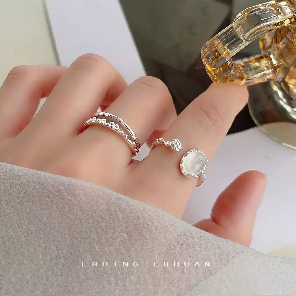 文艺复古个性白玛瑙开口可调节2025年新款戒指银色通勤百搭指环女