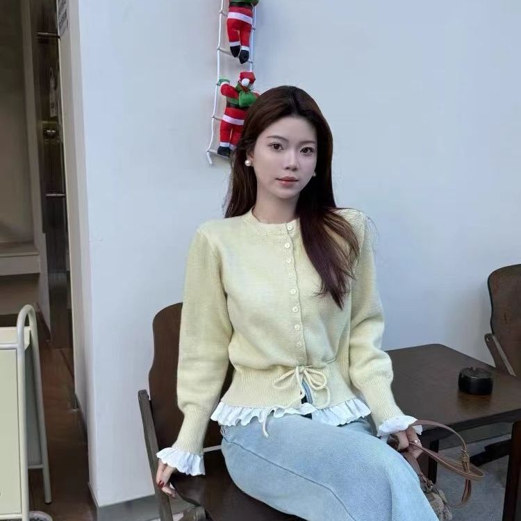 韩系荷叶边设计感毛衣女开衫2025春秋季新款洋气圆领针织上衣外套|undefined