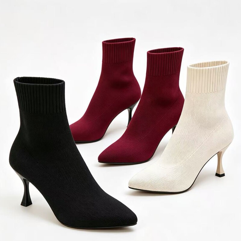 Cross-border foreign trade plus size spring and autumn new stilted high-heeled fly woven pointed fashion Joker sleeve short boots women wholesale