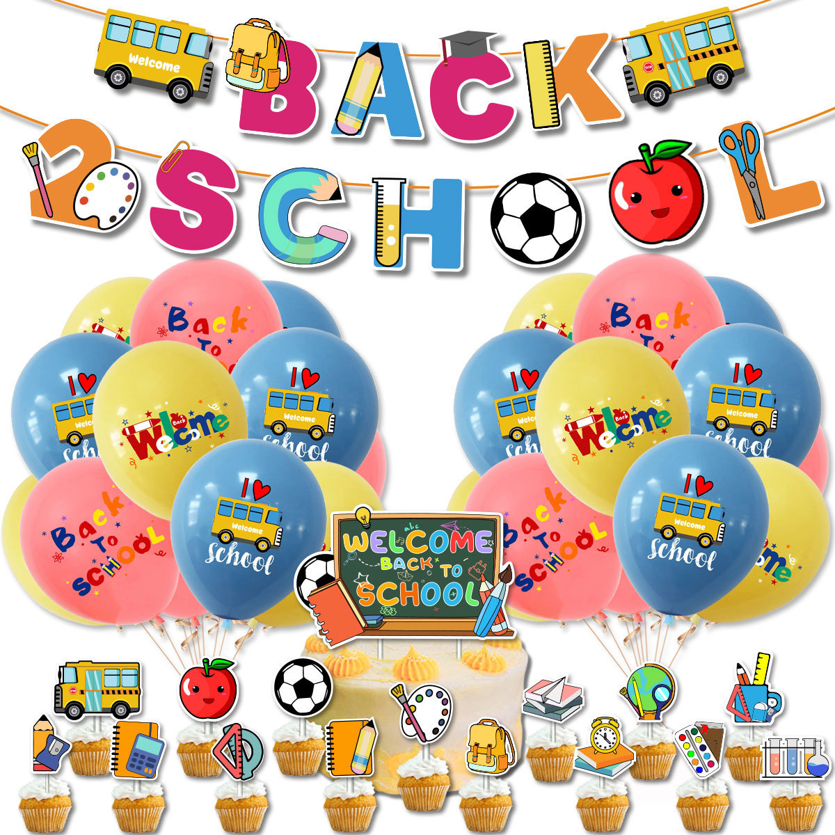 2024新款開學派對裝飾套裝back to school返校季橫幅蛋糕插牌氣球