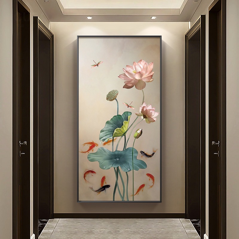 蓮と魚の絵スプレー油絵玄関装飾絵画垂直バージョン新中国風のリビングルームライト高級ハイエンド吊り絵画|undefined
