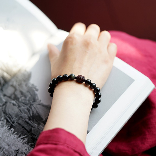 Obsidian Small Leaf Zitan Bracelet for Men and Women, Six Syllable Mantra Buddhist Rosary Bracelet, Tiger Year, Animal Year Gift, Beaded Accessory