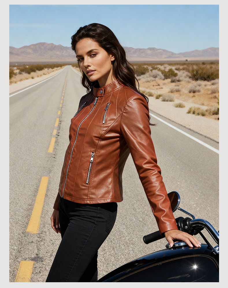 Giacca in pelle donna slim fit con collo alto taglie comode_voghion.com
