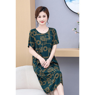 New Style Foreign Style Cotton and Linen Dress Women's Summer Plus Size Women's Floral Round Neck Mother's Loose Skirt