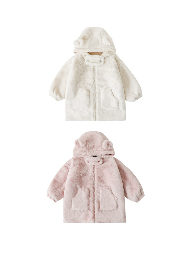Qiu Duo Meng Girls Stuffed Bear Ears Hat Tops Warm 2025 New Spring and Autumn Children's Cute Loose Top Thick