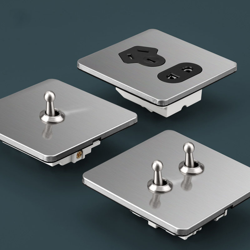 复古工业风不锈钢原色拉丝光滑面板86拨杆开关金属五孔插座家用