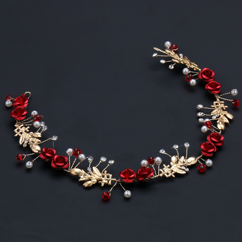 Vestido rojo nupcial tocado Rosa aleación banda de pelo pendientes de joyería de la boda accesorios para el cabello de dos piezas accesorios hechos a mano